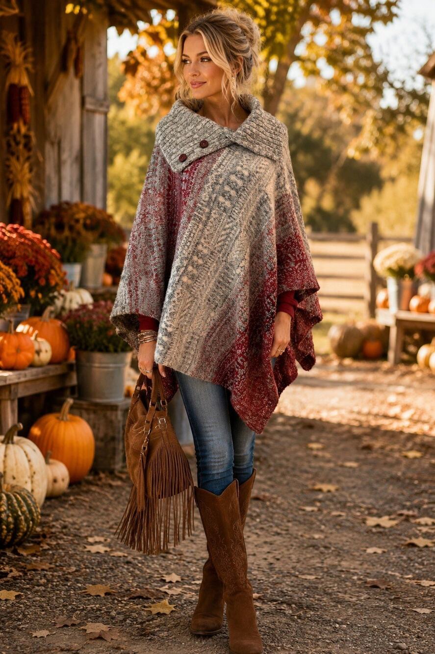 Free People Willow Diamond Poncho Cowl Neck Red Gray Sweater Size Medium